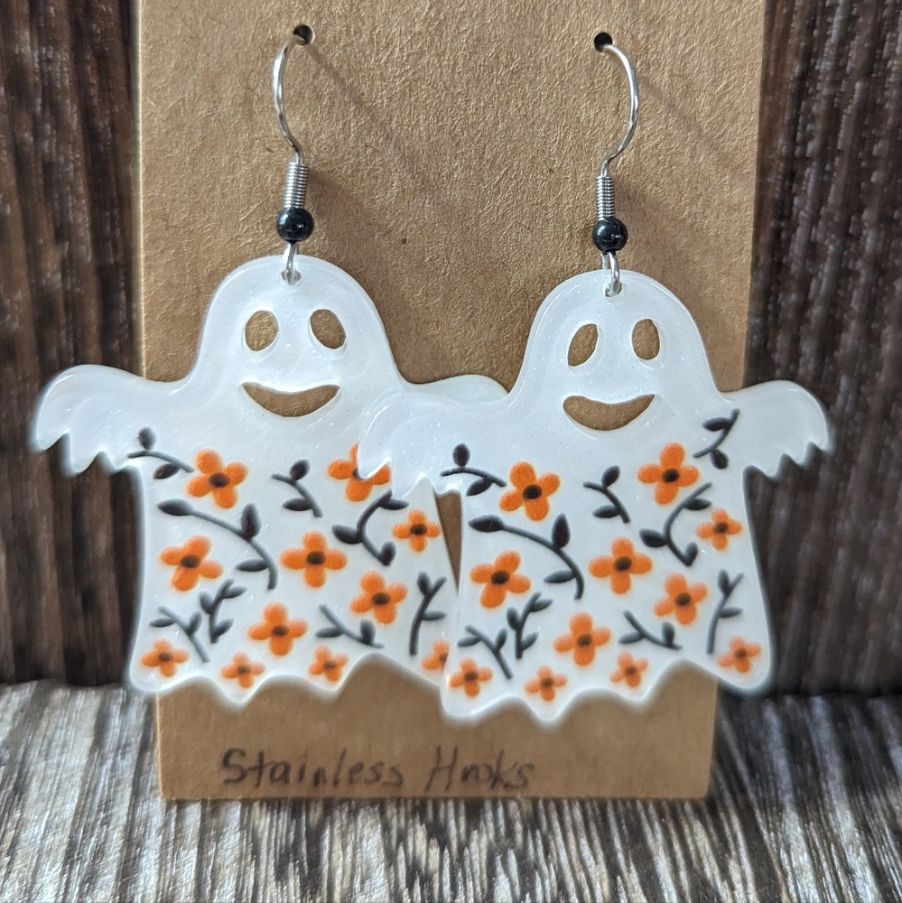 Floral Ghost Dangle Earrings with Stainless Steel Hooks - NEW Handmade